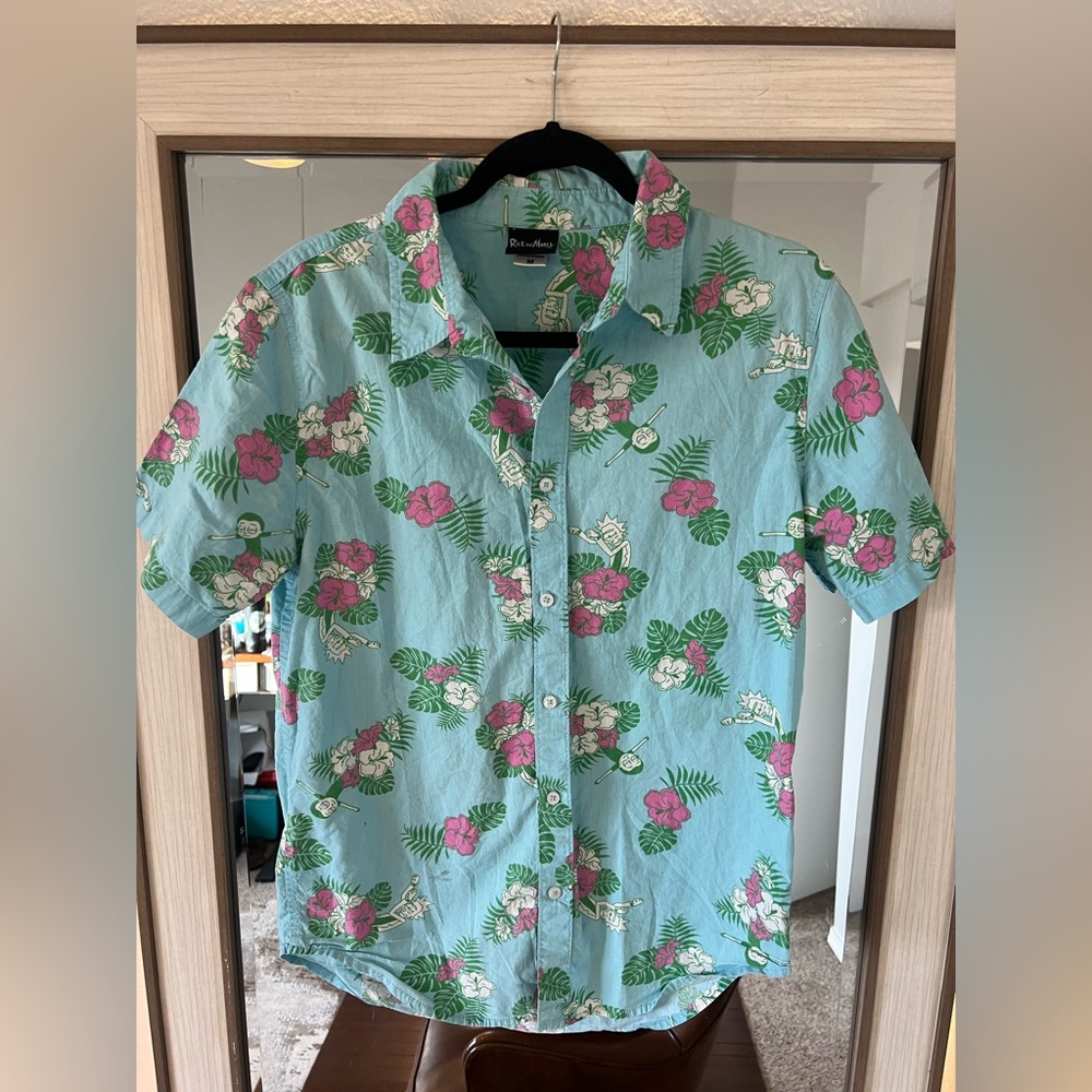 Rick and Morty Adult Unisex Hawaiian Floral Dancing Light Weight Button Down Med